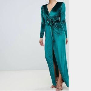 BOOHOO emerald green maxi velvet dress